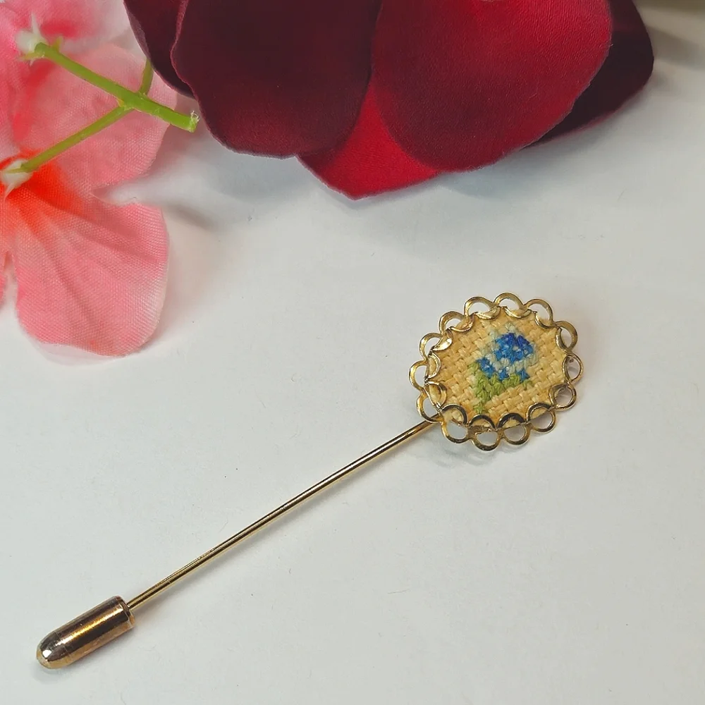 Vintage Blue Flower Cross Stitch Stick Pin Gold Tone